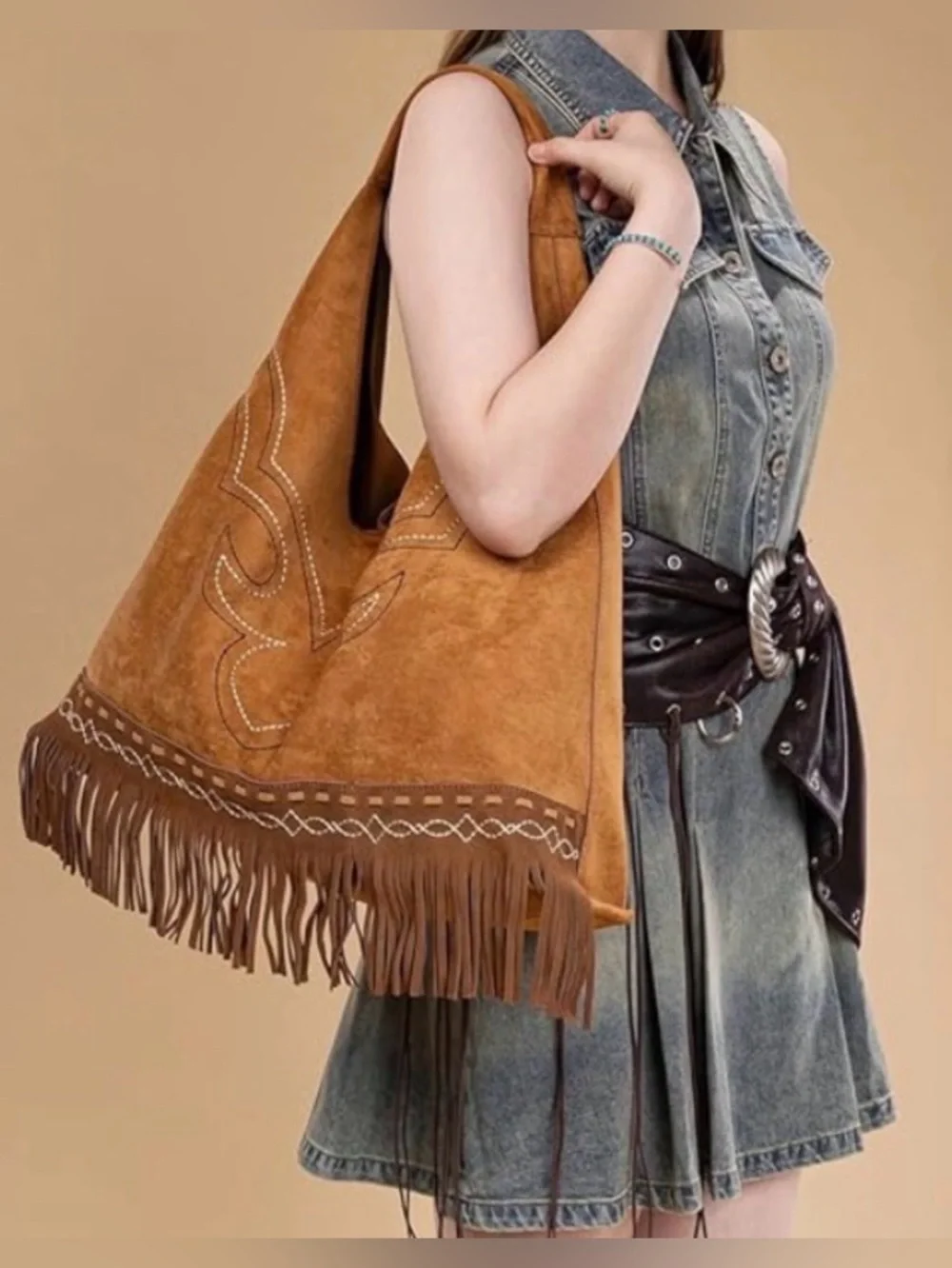 Montana West Boot Stitch Fringe Hobo Style Bag - suede feel